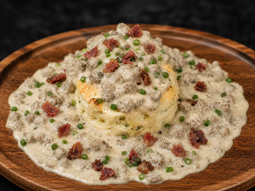 Cheddar and chive biscuits with sausage gravy